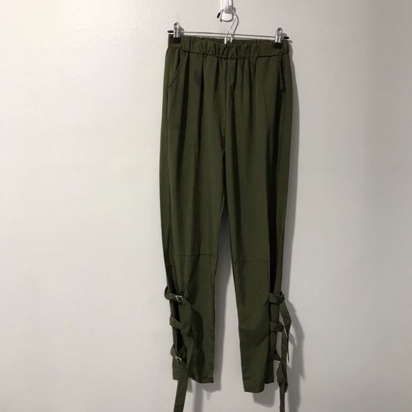 Army Green Buckle Elastic High Waist Trousers - Picture 1 of 5